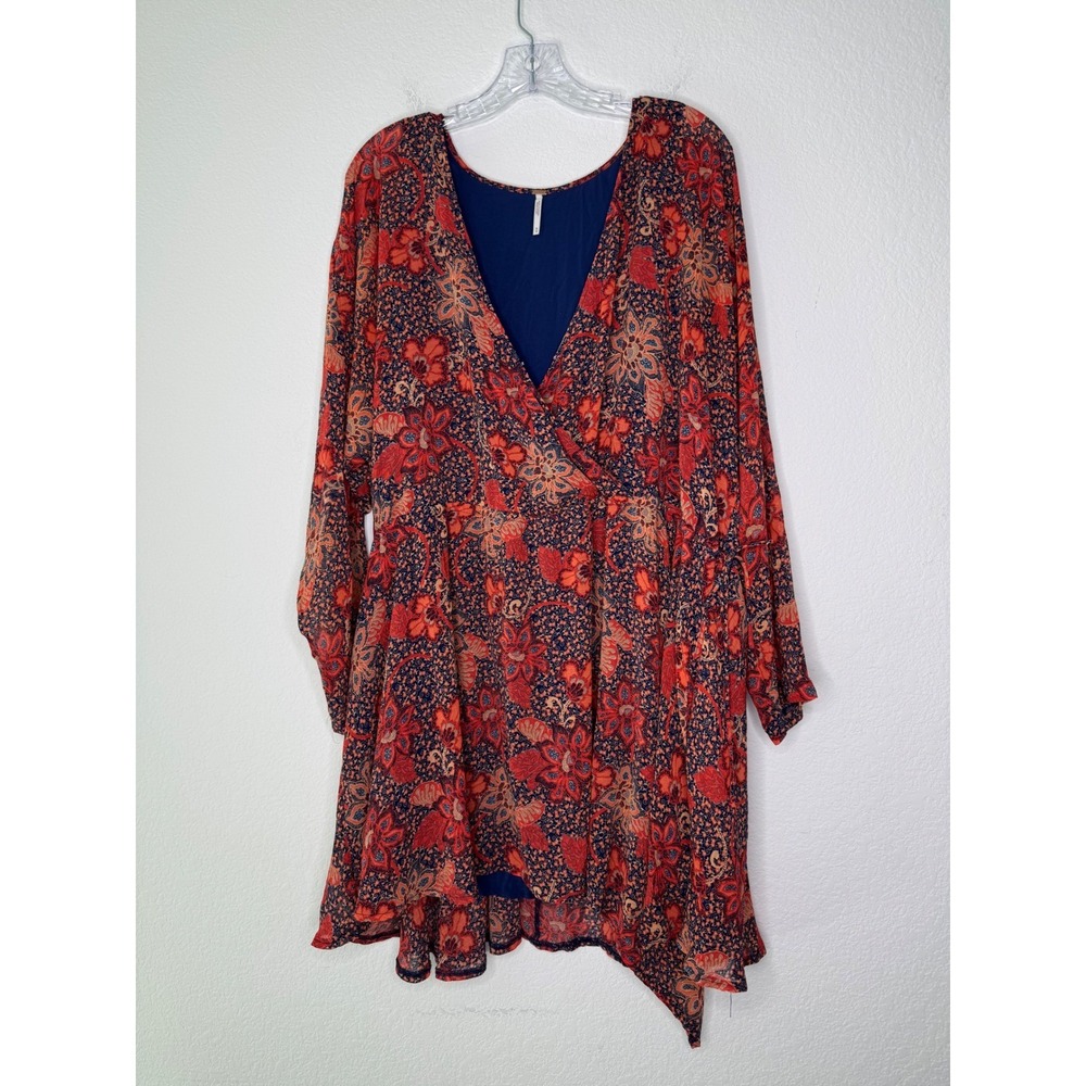 Free People Teegan Red Floral Faux Wrap Mini Dress Handkerchief Hem Size M Boho
